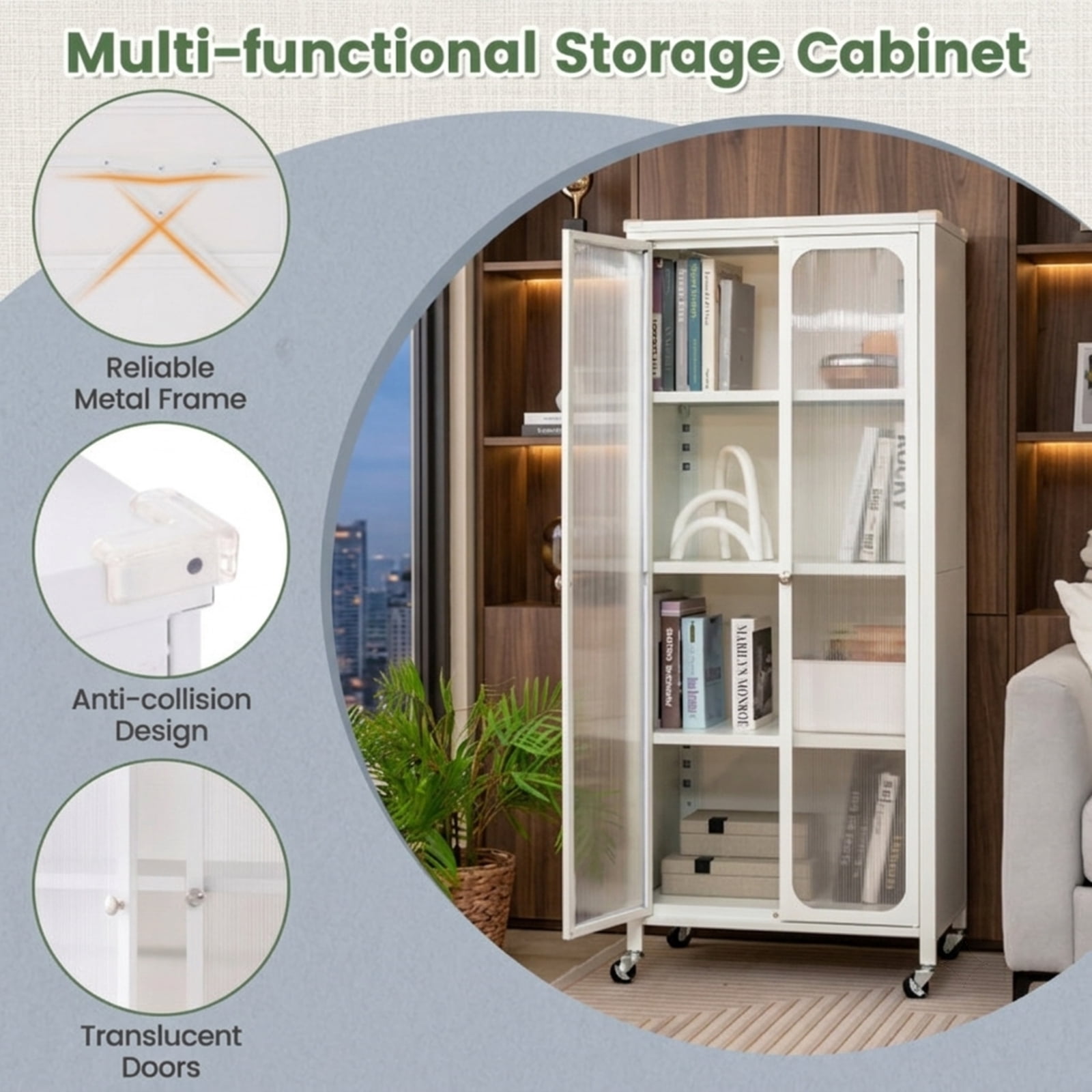 Furnibear Rolling Storage Cabinet with Doors Adjustable Shelves and Wheels Tall Metal Pantry for Kitchen Bathroom and Living Room, White
