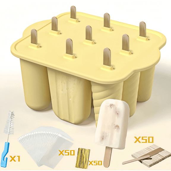 ChrumpTon Silicone Ice Pop Mold Set with 50 Sticks, 50 Bags & Brush, BPA Free Easy Release Ice Cream Molds for Homemade Treats, Yellow