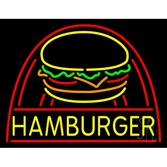 Yellow Hamburger with Logo LED Neon Sign 24 x 31 - inches, Black Square Cut Acrylic Backing, with Dimmer - Bright and Premium built indoor LED Neon Sign for restaurant window and interior decor.
