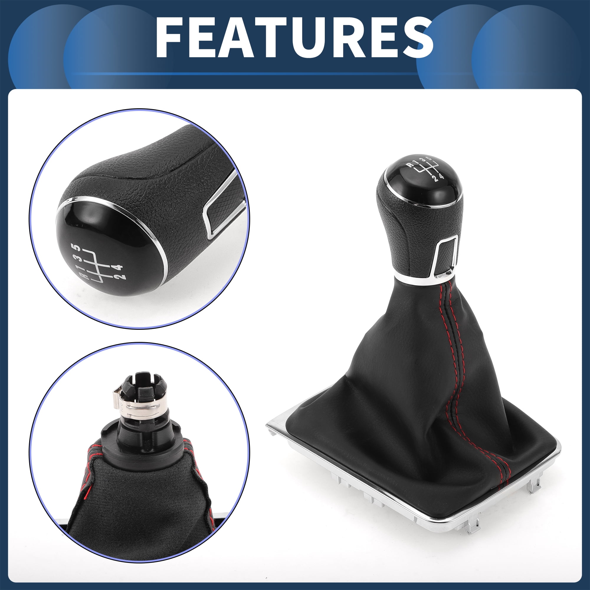 Unique Bargains 5 Speed Manual Gear Shift Knob with Cover, Gearbox Stick Shifter Lever Knob No.3AA711113A for VW Passat 2013-2021 Plastic Faux Leather Black Red, 1 Pc
