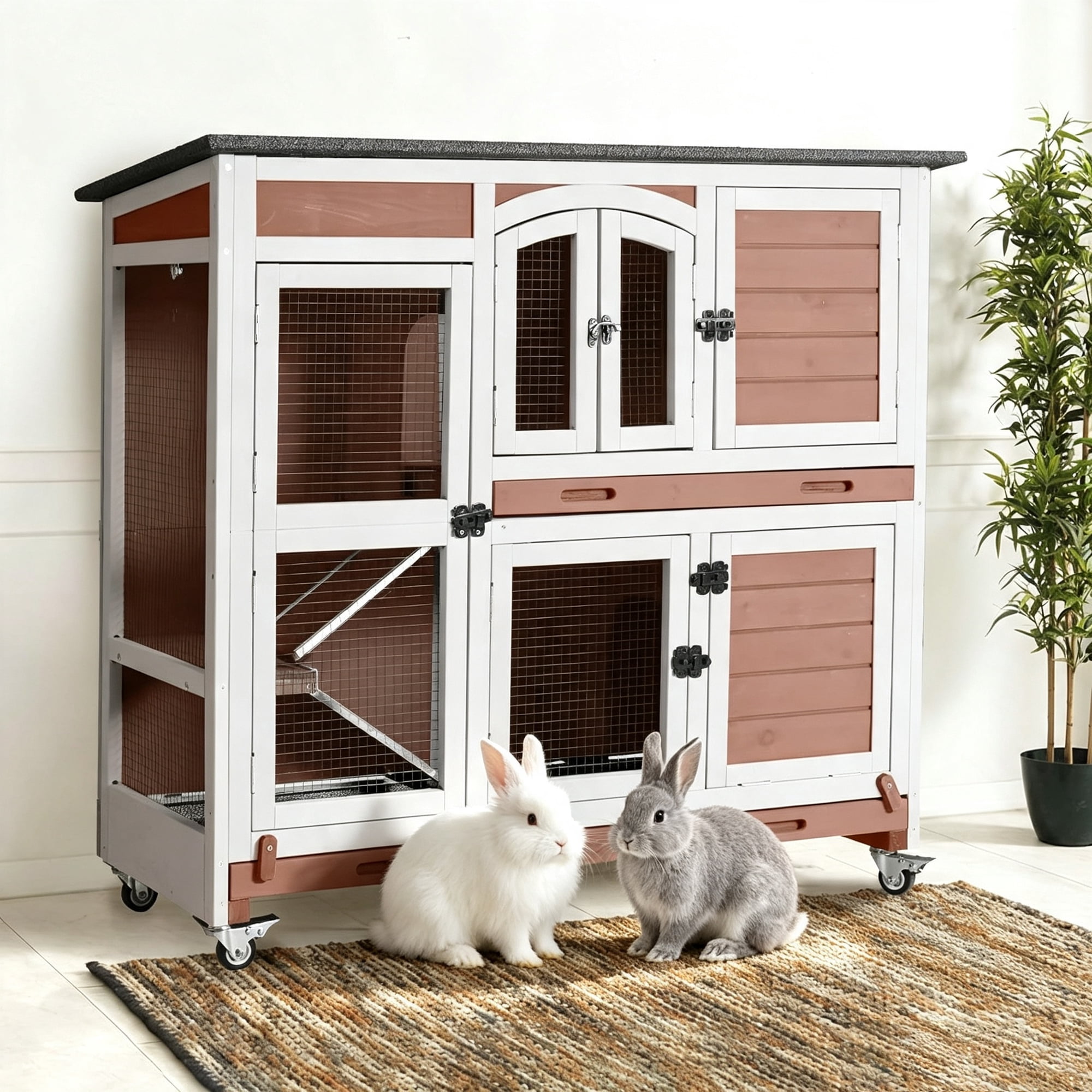 MEDEHOO 47" Two Story Rabbit Hutch with Wheels, Indoor Outdoor Rabbit Cage with Wheels & Leak-Proof Trays for Rabbits, Guinea Pigs(Brown)