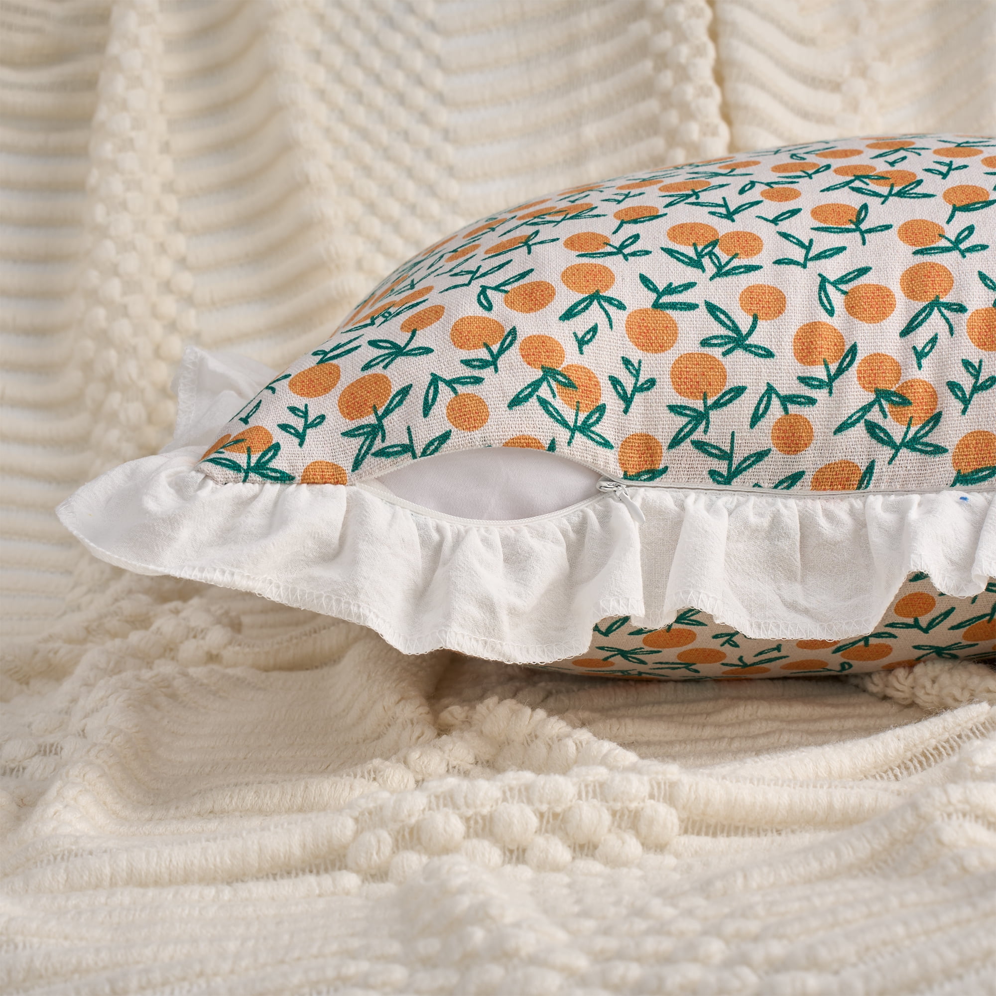 Unique Bargains Set of 2 Leaf Print Pillow Covers with Ruffled Trim Orange 18" x 18"