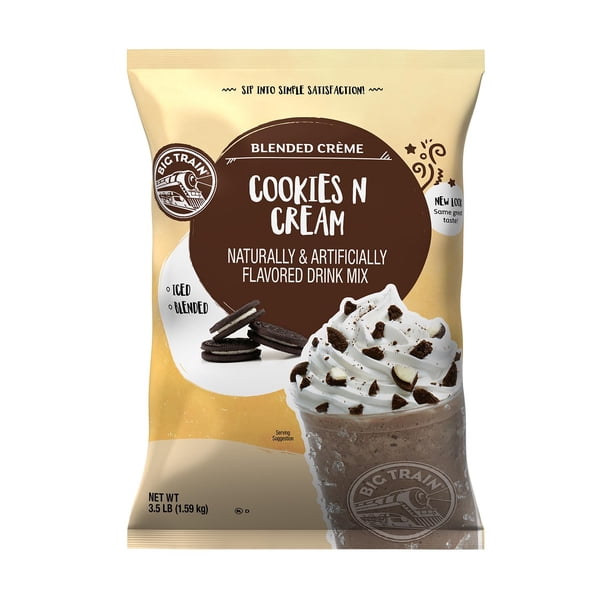 BIG TRAIN - Cookies & Cream, Bolsa de 1.59 kg, Mezcla en Polvo, Sabor Dulce, para Preparar Bebida Saborizante, Bebida Caliente o Frappeada, con Galletas, Fácil de Preparar, para Cafeter