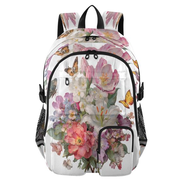 Large Capacity Student Backpack, 14 Inch Laptop Backpack, Wear-Resistant Polyester Travel Backpack with Reflective Strips for Commuting Outdoor Lovely Cute Flowers