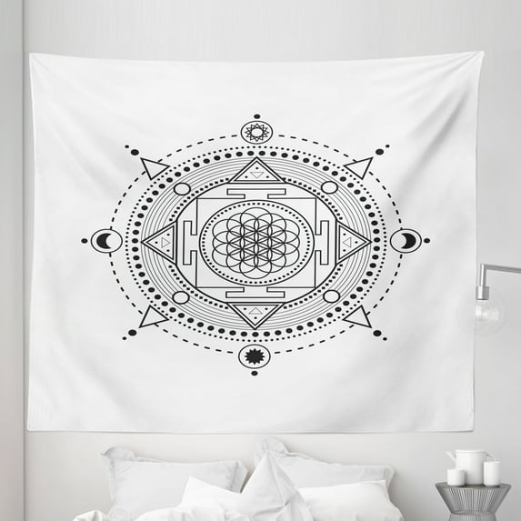 Mandala Tapestry, Monochrome Look Abstract Geometric Flower Symmetrical Sun and Moon, Fabric Wall Hanging Decor for Bedroom Living Room Dorm, 5 Sizes, Charcoal Grey and White, by Ambesonne