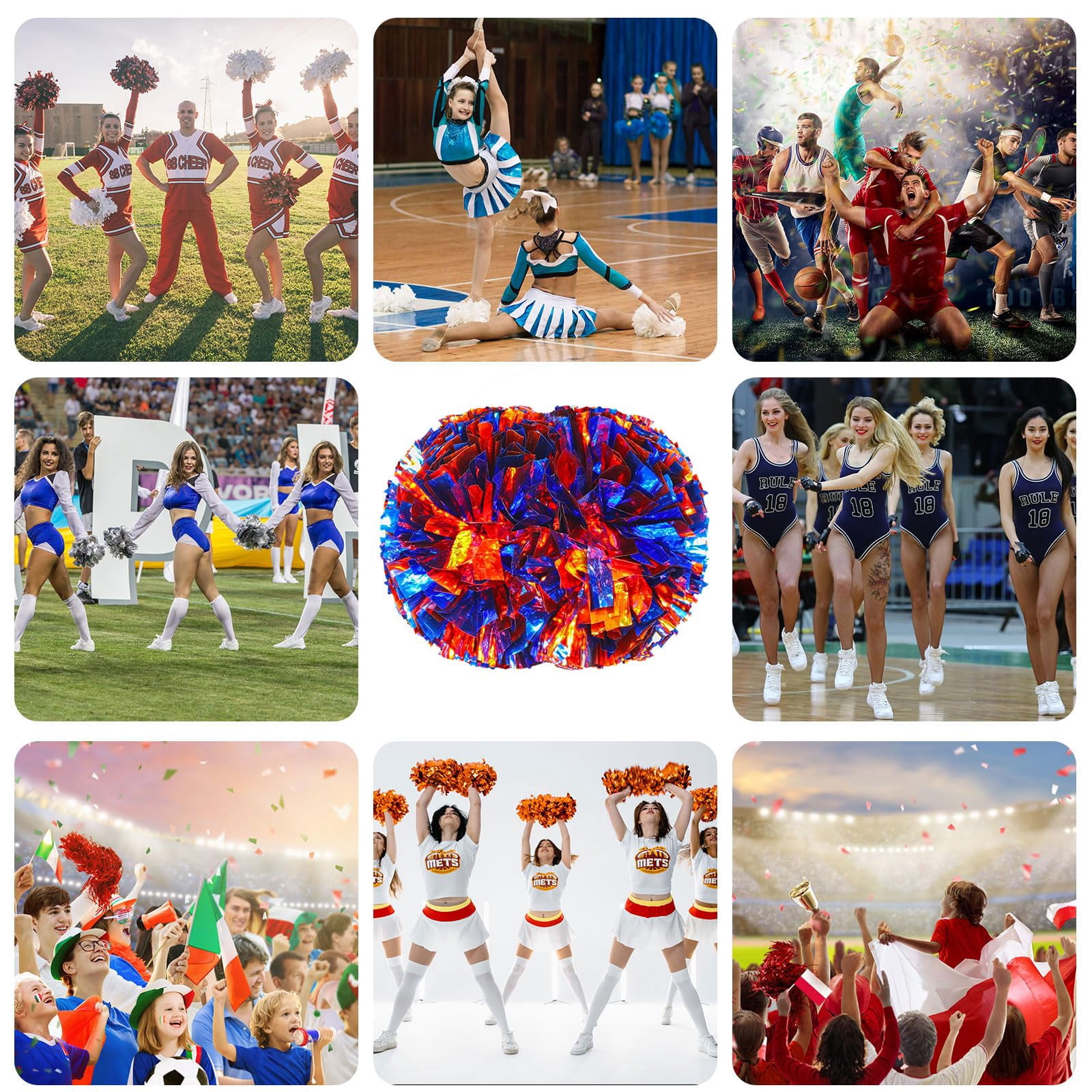 12 Pcs Cheerleading Pom Poms, Cheerleader Pompoms with Handle Style,Fit for Team Spirit Sports Dance Cheering