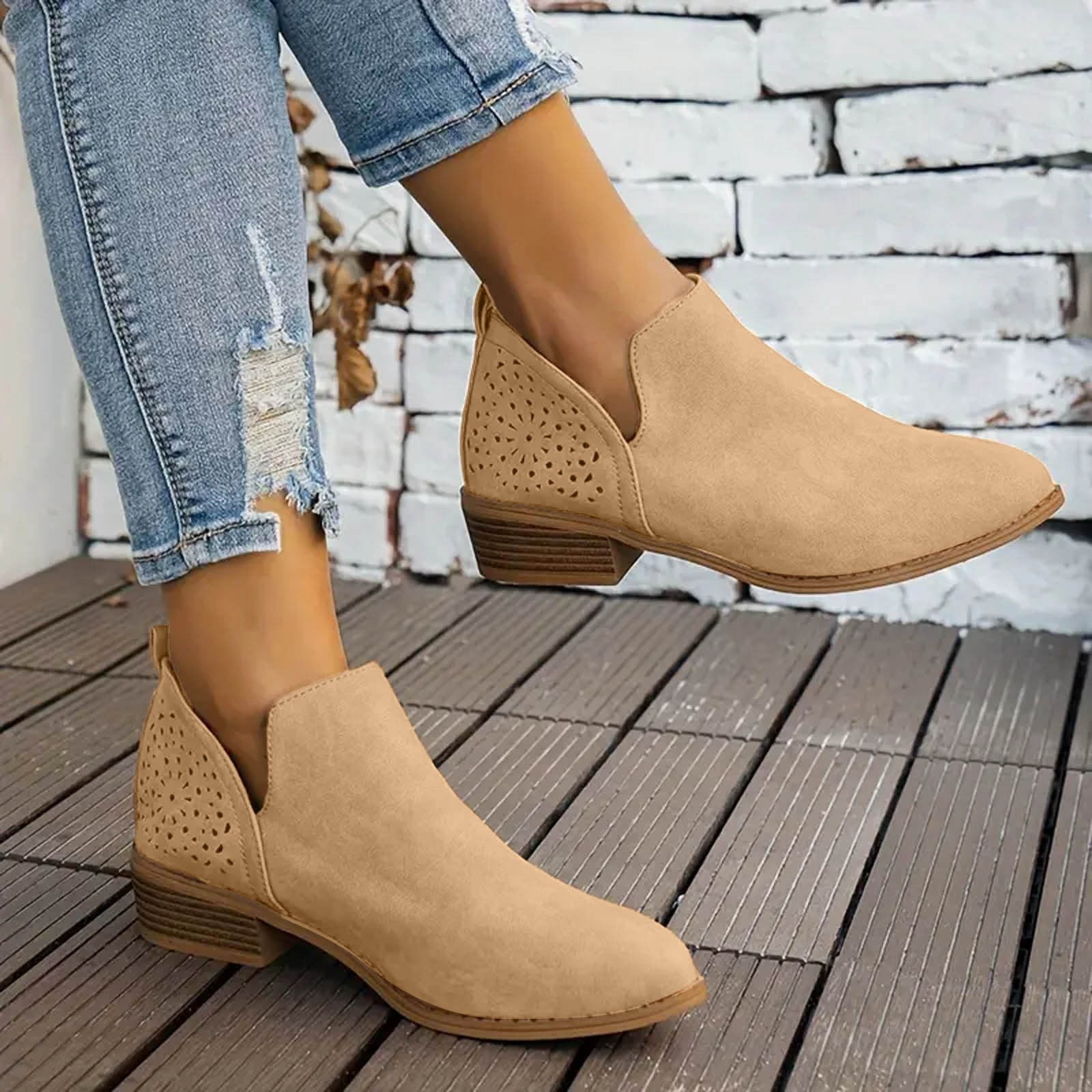Dakaela Ankle Boots for Women Casual Slip on Loafers Chunky Low Heel Dress Shoes Cut out Work Booties
