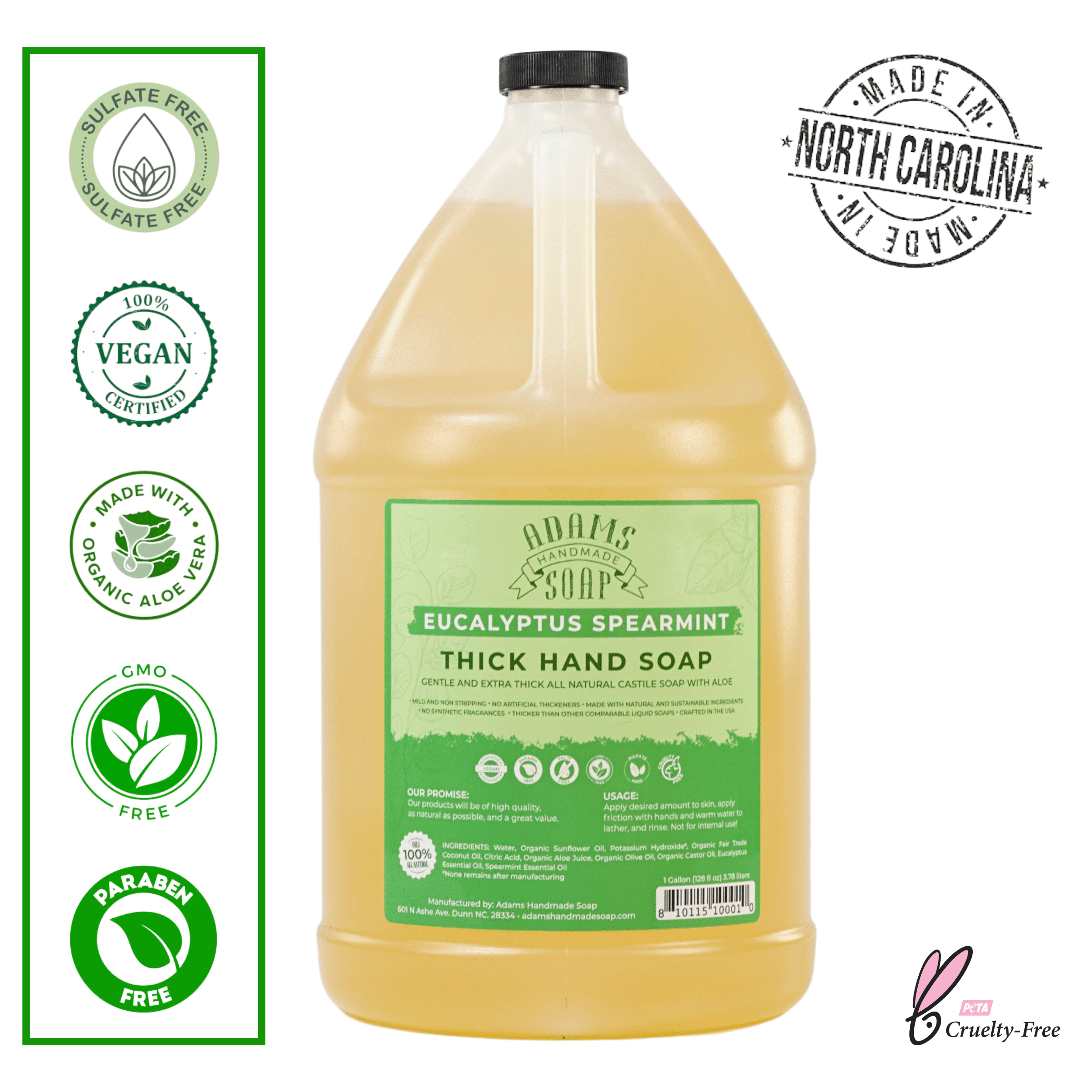 Eucalyptus Spearmint Organic Liquid Castile Hand Soap 1 Gallon Refill Adams Handmade Soap