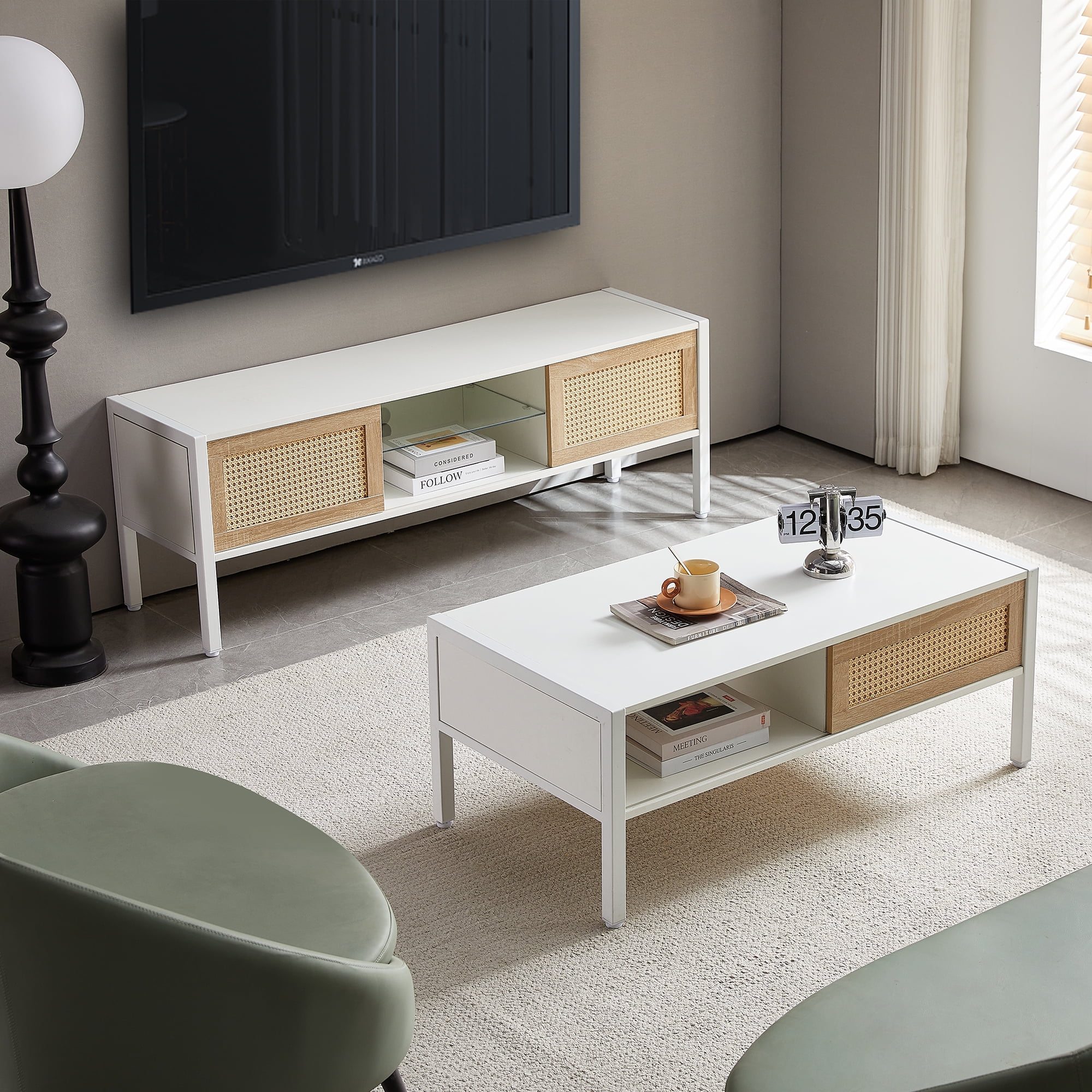 MAYEERTY 54.33" Rattan TV Cabinet with Adjustable Shelf, Variable Color Light Strip, and Metal Legs, White