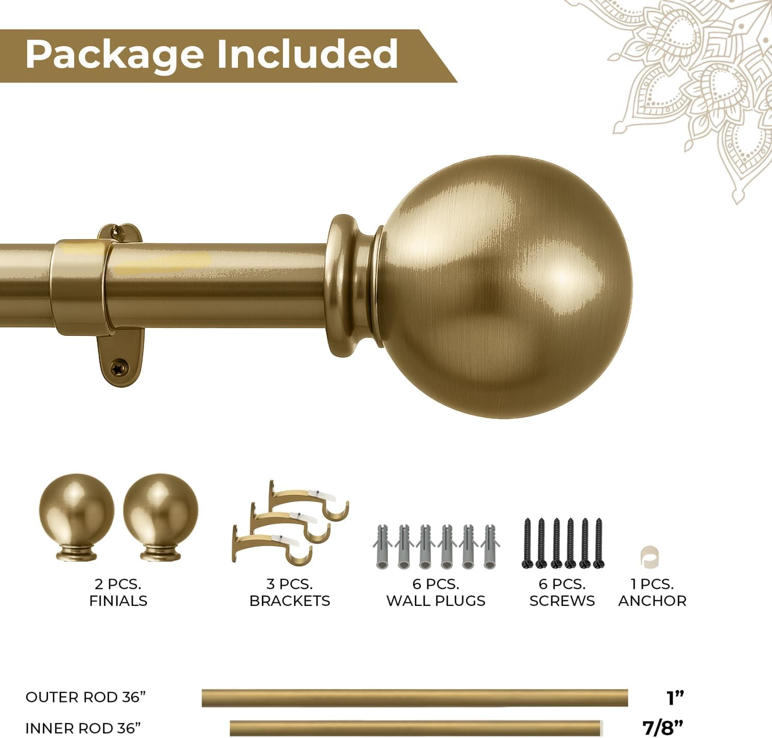 Deco Window Adjustable Curtain Rod for Windows 44 to 120 Inch (Pack of 1) Extendable Heavy Duty 1 Inch Iron Ball with Finials Wall Mounted Curtain Rods (Gold)