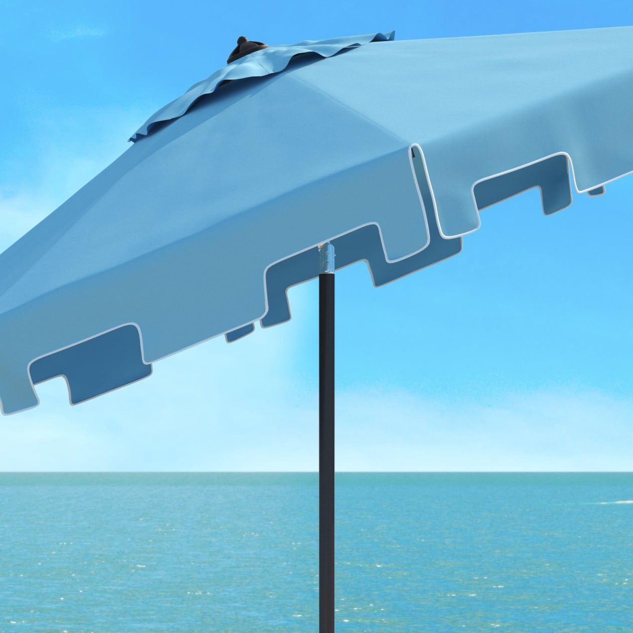 SAFAVIEH Zimmerman 11' Market Crank Round Patio Umbrella, Baby Blue/White