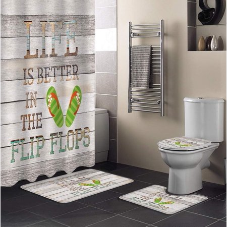 ZHANZZK Green Slipper 4 Piece Bathroom Set Shower Curtain Bath Rug Contour Mat and Toilet Lid Cover