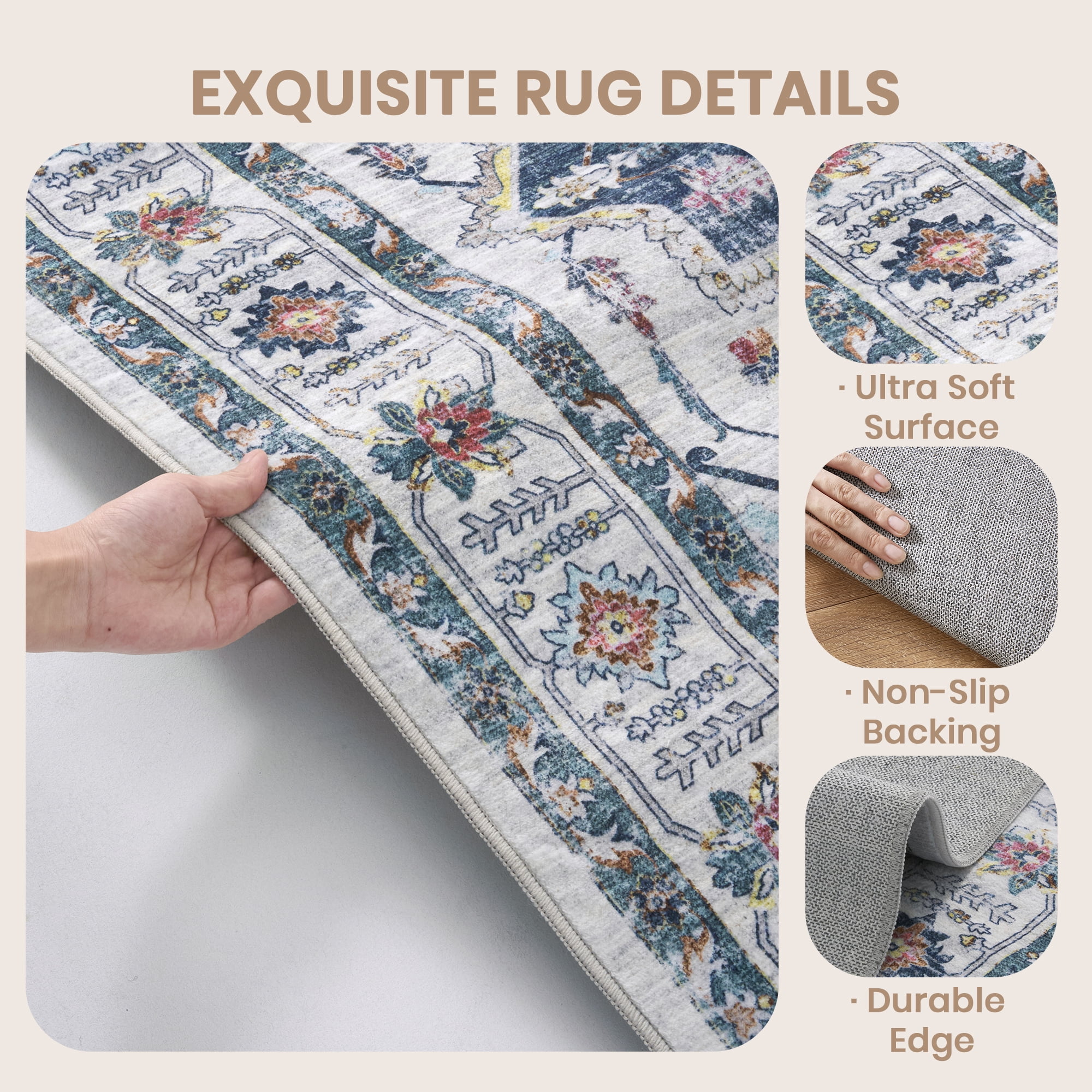 Roxstand 2'x10' Washable Runner Rug for Hallway Entrance Bedroom Entryway, Vintage Non Slip Stain Resistant Kitchen Rugs, Blue