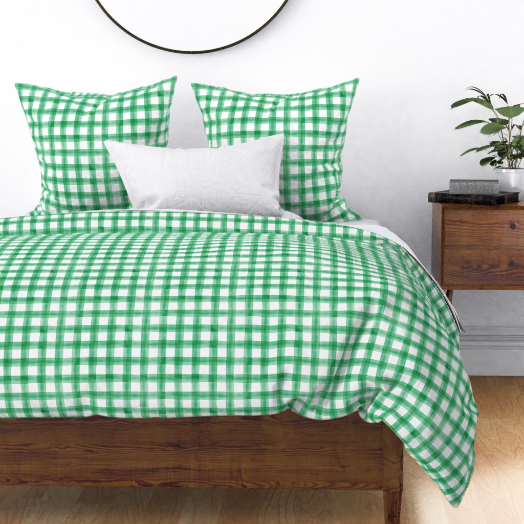 Irish Kelly Green Gingham Check Watercolor Plaid Sateen Duvet Cover by