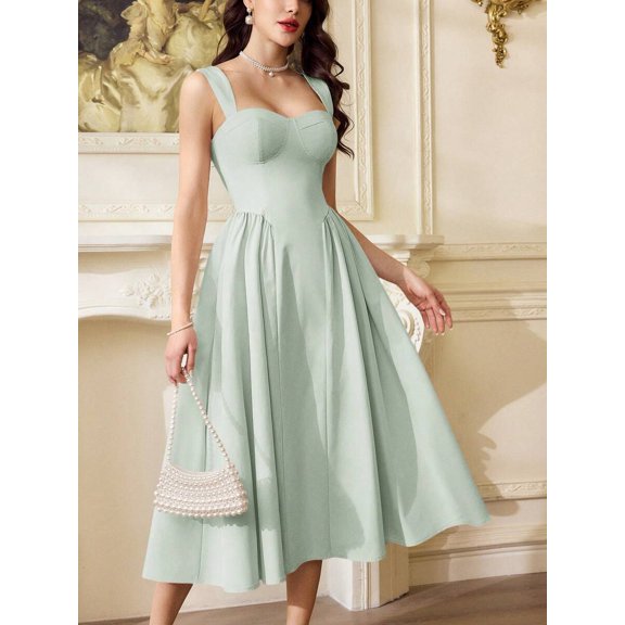 Mint Green Vintage Fit & Flare Midi Dress With Sweetheart Neckline And Pockets