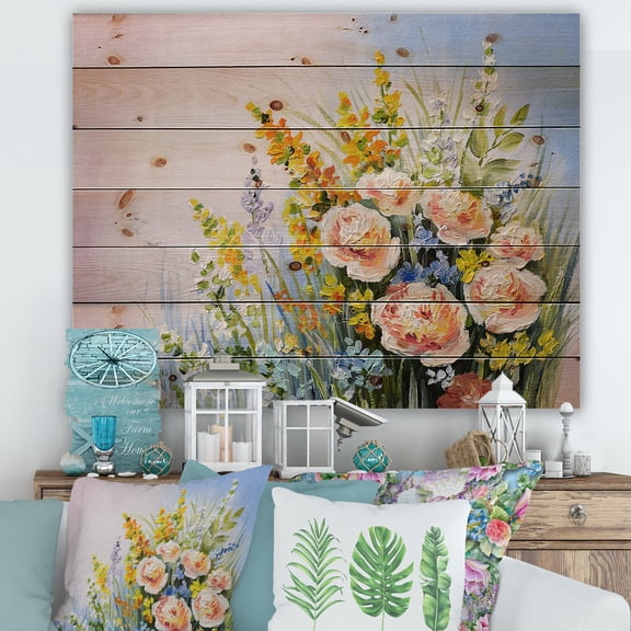 Designart 'Yellow and Pink Summer Wildflowers' Traditional Print on Natural Pine Wood