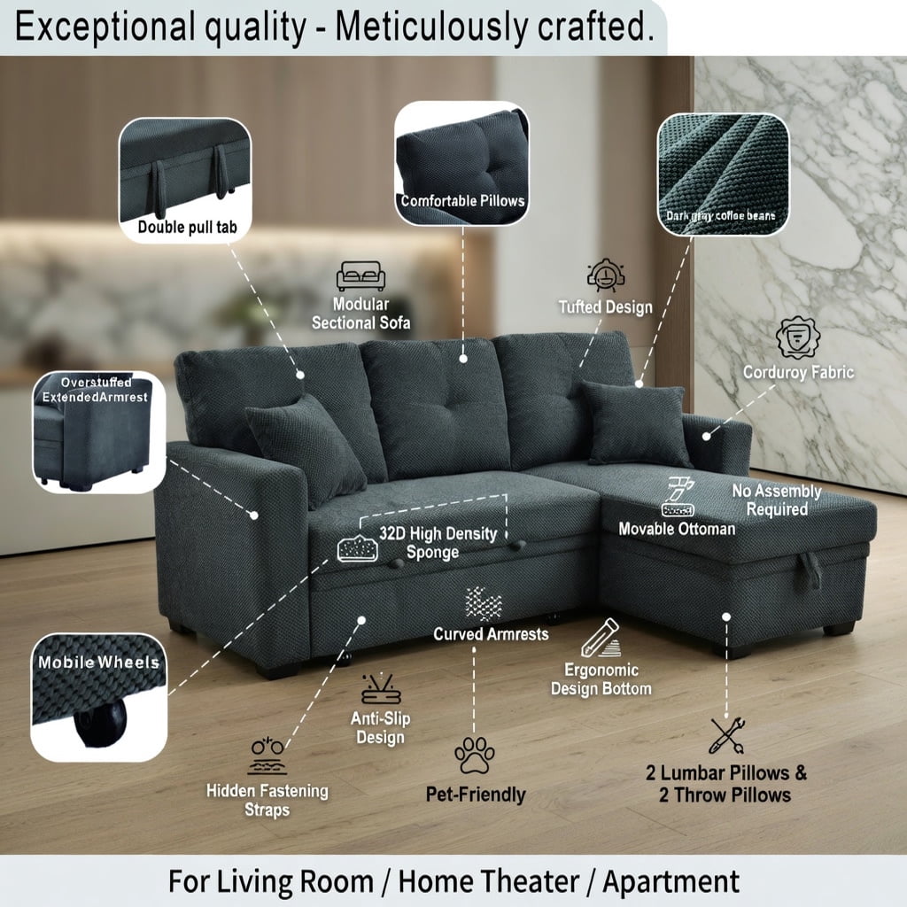 Hommoo Mid-Century Modern Sectional Sleeper Sofa with Pull-Out Bed, Reversible Chaise & Hidden Storage, L-Shaped Convertible Sofa Bed for Small Spaces, Dark Gray