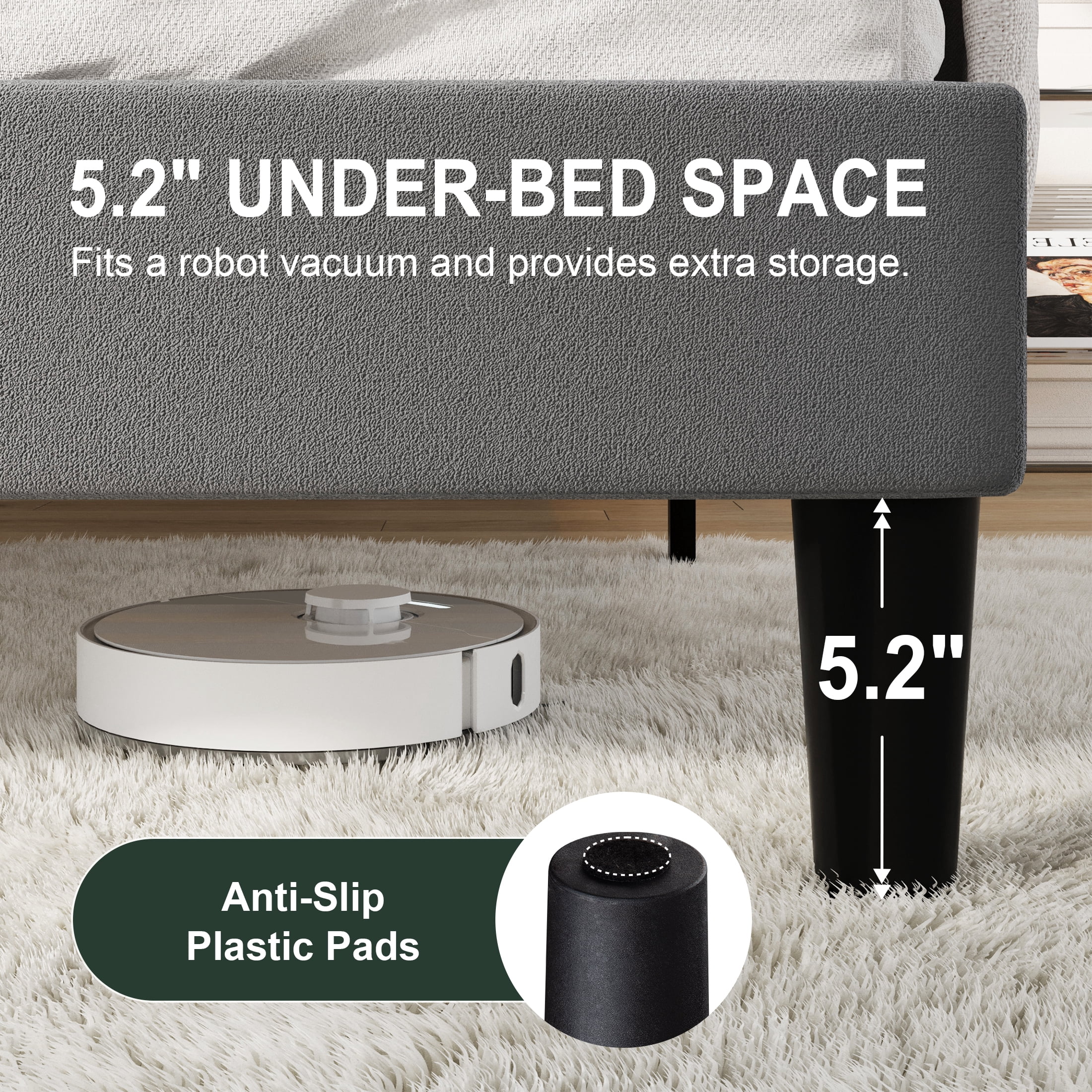 Amolife Full Bed Frame, Platform Bed with Upholstered Velvet Adjustable Headboard, Wooden Slats, Easy Assembly, Grey