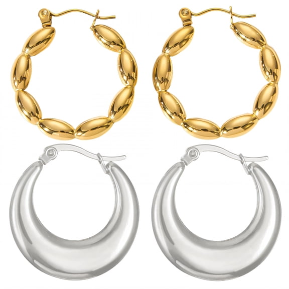 DESIGNICE 2 Pairs Statement Earrings for Women,Stainless Steel Plated C-Shaped Hoop Chunky Gold Earrings,Womens Earrings for Women Fashion Jewelry Gift,Style1