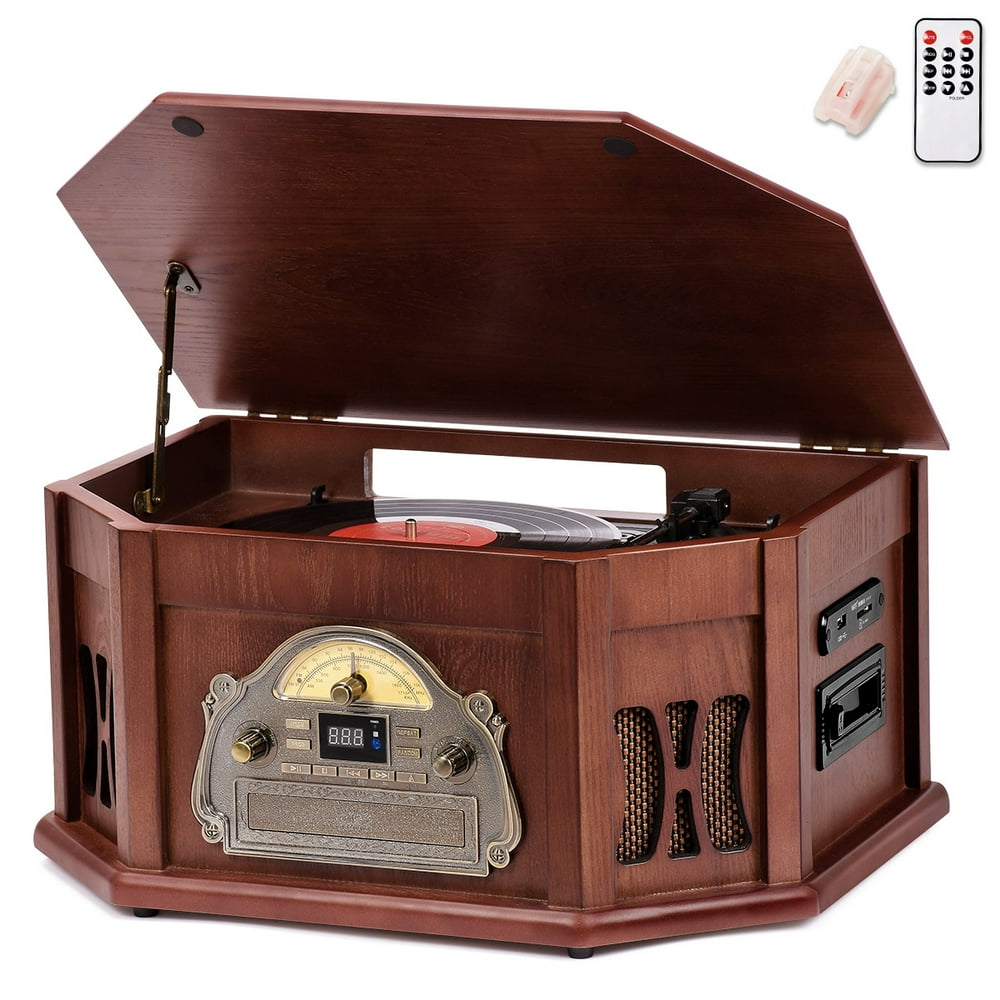 10-in-1 Natural Wood Classic Turntable Stereo System with Bluetooth ...