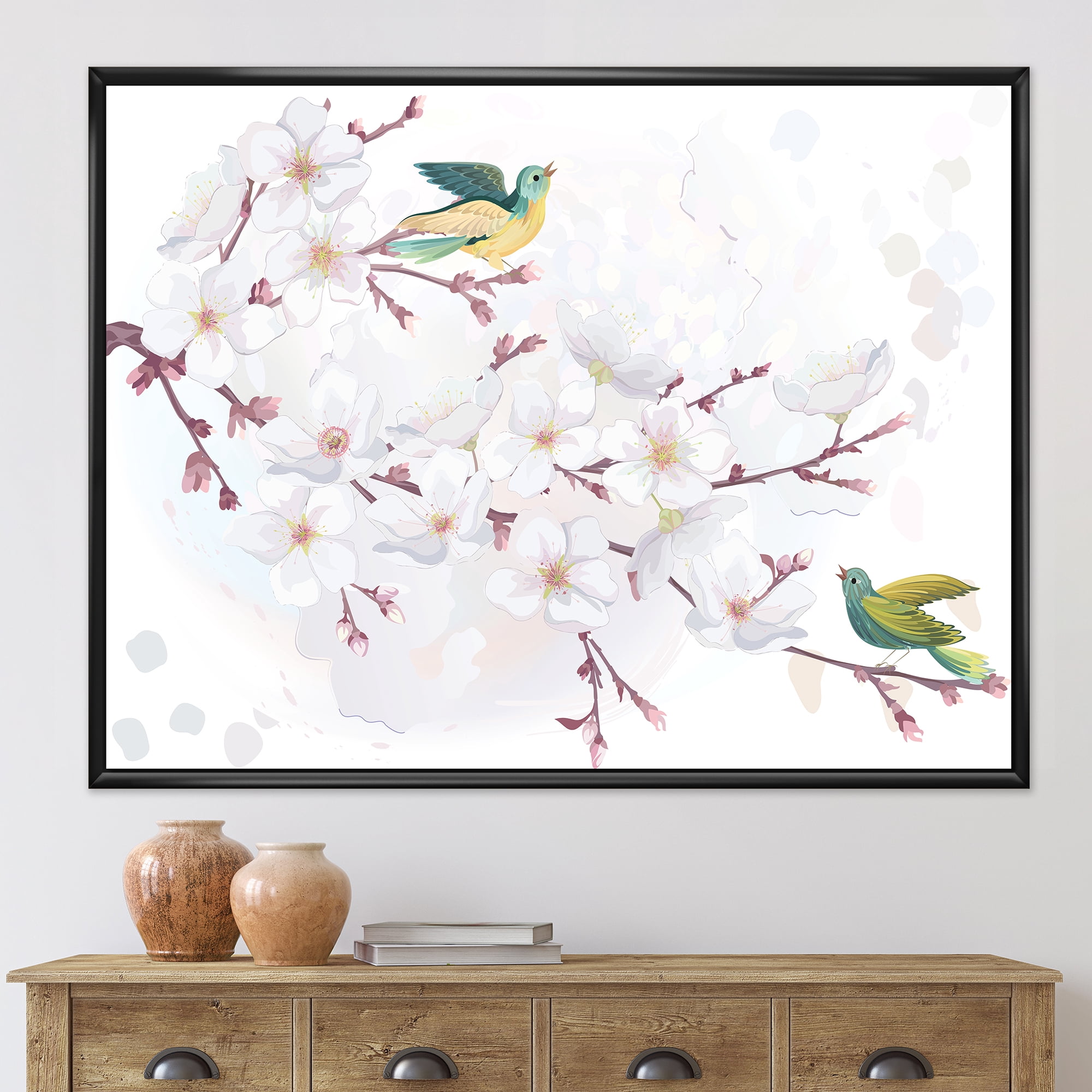 Blossoming Cherry Tree and Birds 20" x 12" Framed Painting Canvas Art Print, by Designart