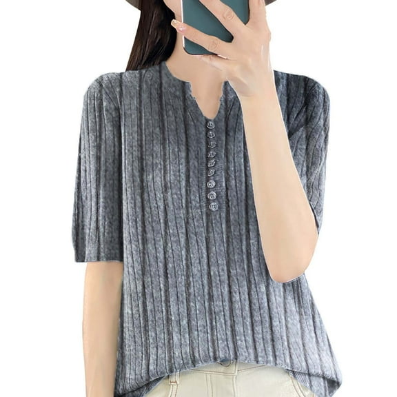 DQRPSEETB Womens Tops Women Fashion Sweater Short Sleeve V Neck Stripe Knitwears Slim Fit Pullovers Thin Knit Tops Bottoming Shirts Clothes for Women XL