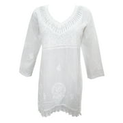 Mogul Womens Tunic White Cotton  Hand Embroidered  Blouse Top  Shirt