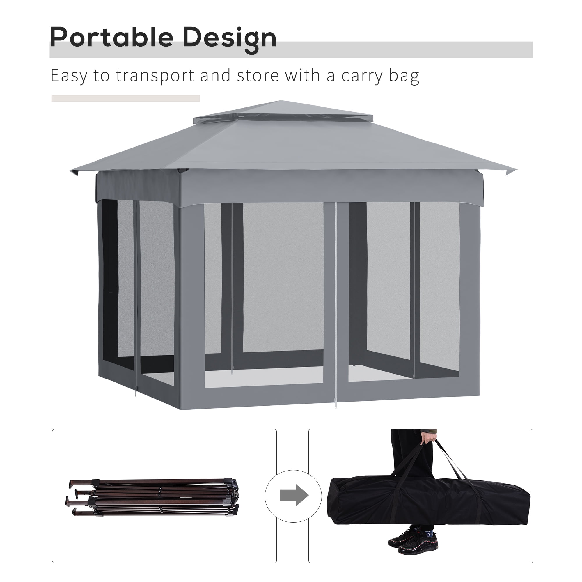Outsunny 11' x 11' Pop Up Gazebo Outdoor Canopy Shelter with 2-Tier Soft Top, and Removable Zipper Netting, Event Tent with Large Shade, Light Gray