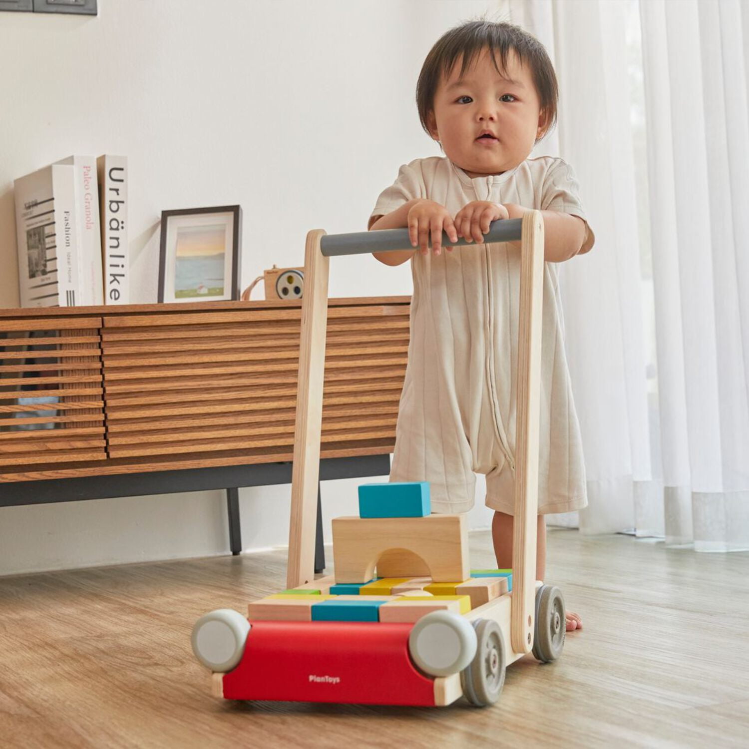 PlanToys® Baby Walker Wooden Push Toy for First Steps & Balance | Montessori Developmental Toy for Coordination & Confidence | Eco-Friendly Learning Toy