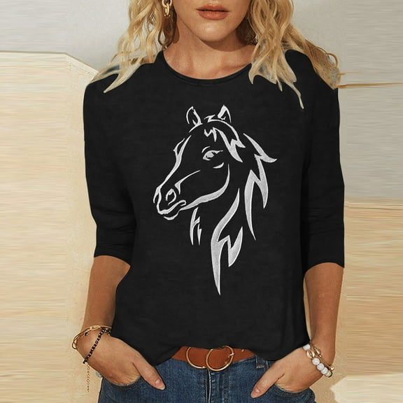 Fznquz Black Oversized Tshirts for Women Crewneck 3/4 Length Sleeve Casual T Shirts Trendy Animal Print Fall Fashion,L