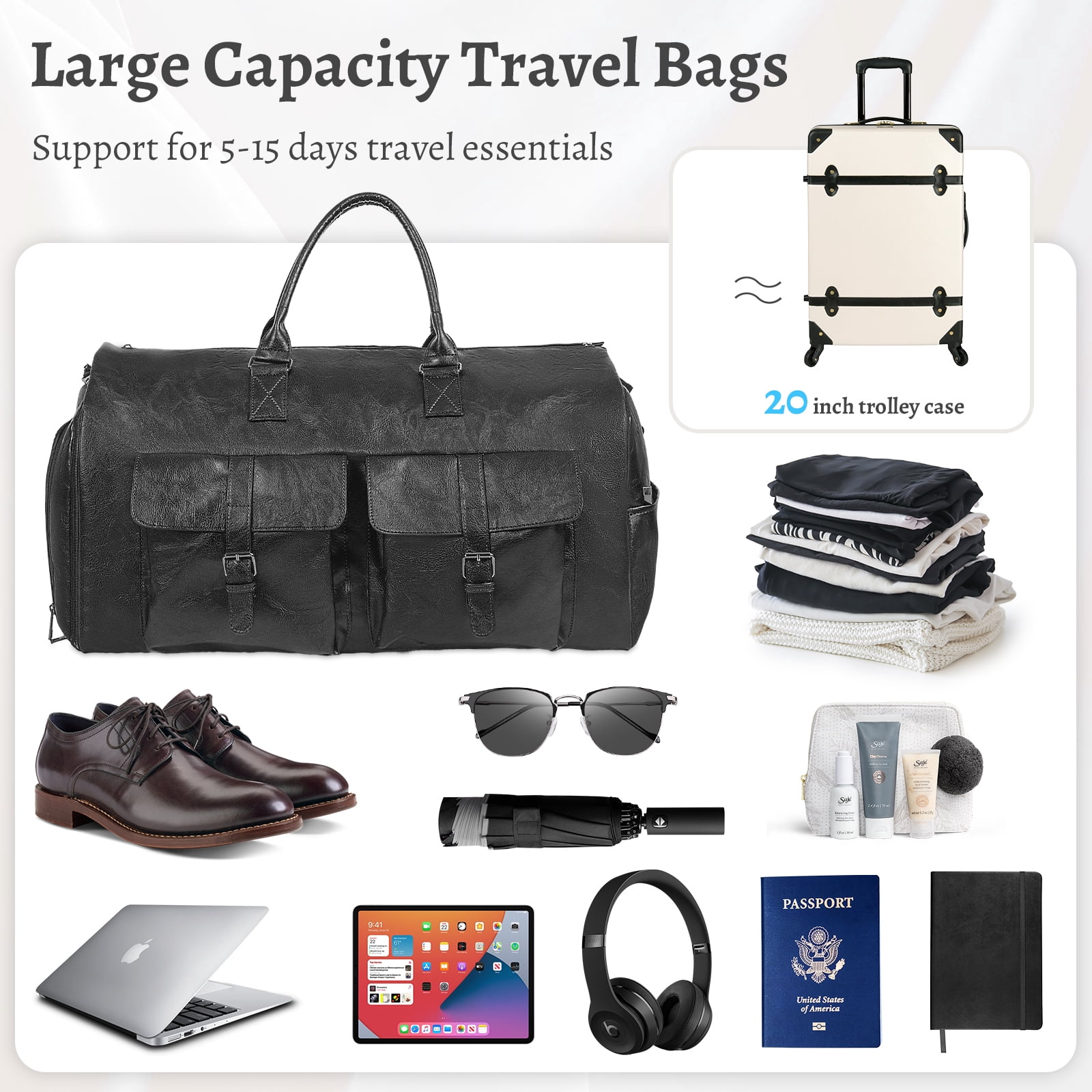 Convertible Travel Garment Bag, Overnight Waterproof Leather Carry-on Duffel Bag for Men Women 2 in1 Hanging Business Suitcase