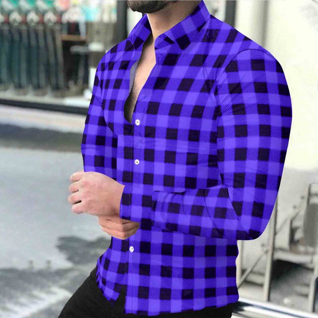 Timdgard Button down Shirts for Men Fall Plaid Lapel V Neck Long Sleeve Shirts Work Casual Tops