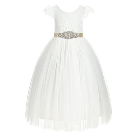 

Ivory V-Back Lace Cap Sleeves Flower Girl Dress Junior Pageant 622R3