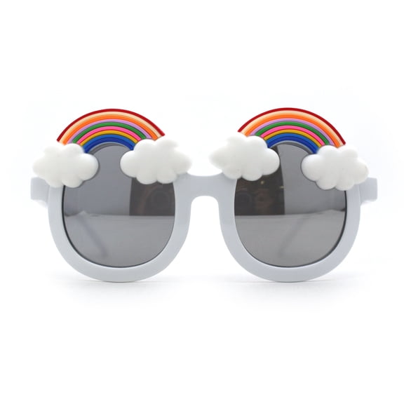 Girls Child Size Rainbow Cloud Round Thick Plastic Sunglasses White Silver Mirror