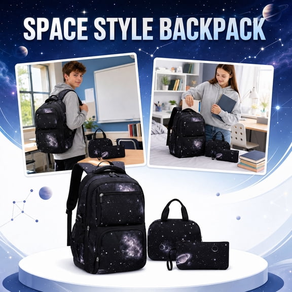 3 Piece Backpack Set with Lunch Bag and Pencil Case, Large Capacity Lightweight Polyester Bookbag, Natural Fish Star Pattern, Black Durable Essentials Bundle