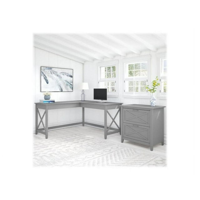 Bush Furniture Key West - Bureau avec Armoire de Classement Latérale à 2 Tiroirs - en Forme de L - Gris cape cod