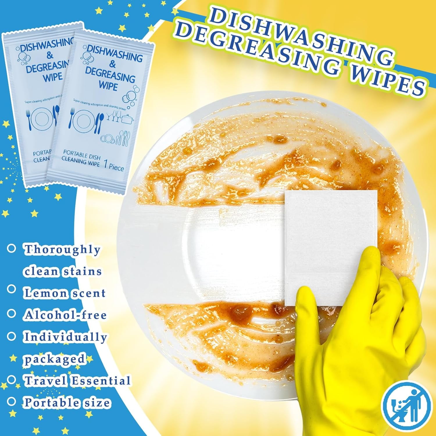 150 Pcs Travel Dish Soap Wipes Individually Wrapped Dish Cleaning Wipes Disposable Portable Cleaner with Lemon Scent for Camping Kitchen Outdoor Traveling Quick Clean