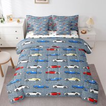 Homewish Racing Car Boy Bedding Comforter Set 7pcs,Car Theme Queen Bedding Sets Super Cozy,Retro Vintage Queen Sheet Sets,Luxury Bedroom Decor,Reversible