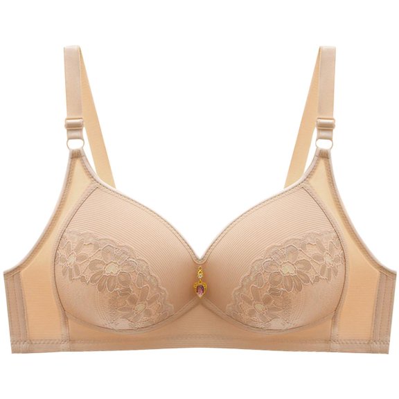 Bxsruta Wireless Bras for Women, Woman's Embroidery Thin Style Ventilate Back Buckle Bra Without Steel Rim, Beige