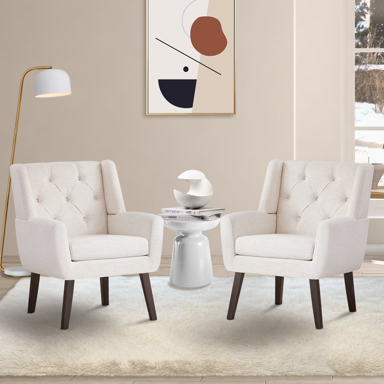 Kinmars Accent Chair, Linen Upholstered Armchair, Tufted Small Living Room Chair with Wooden