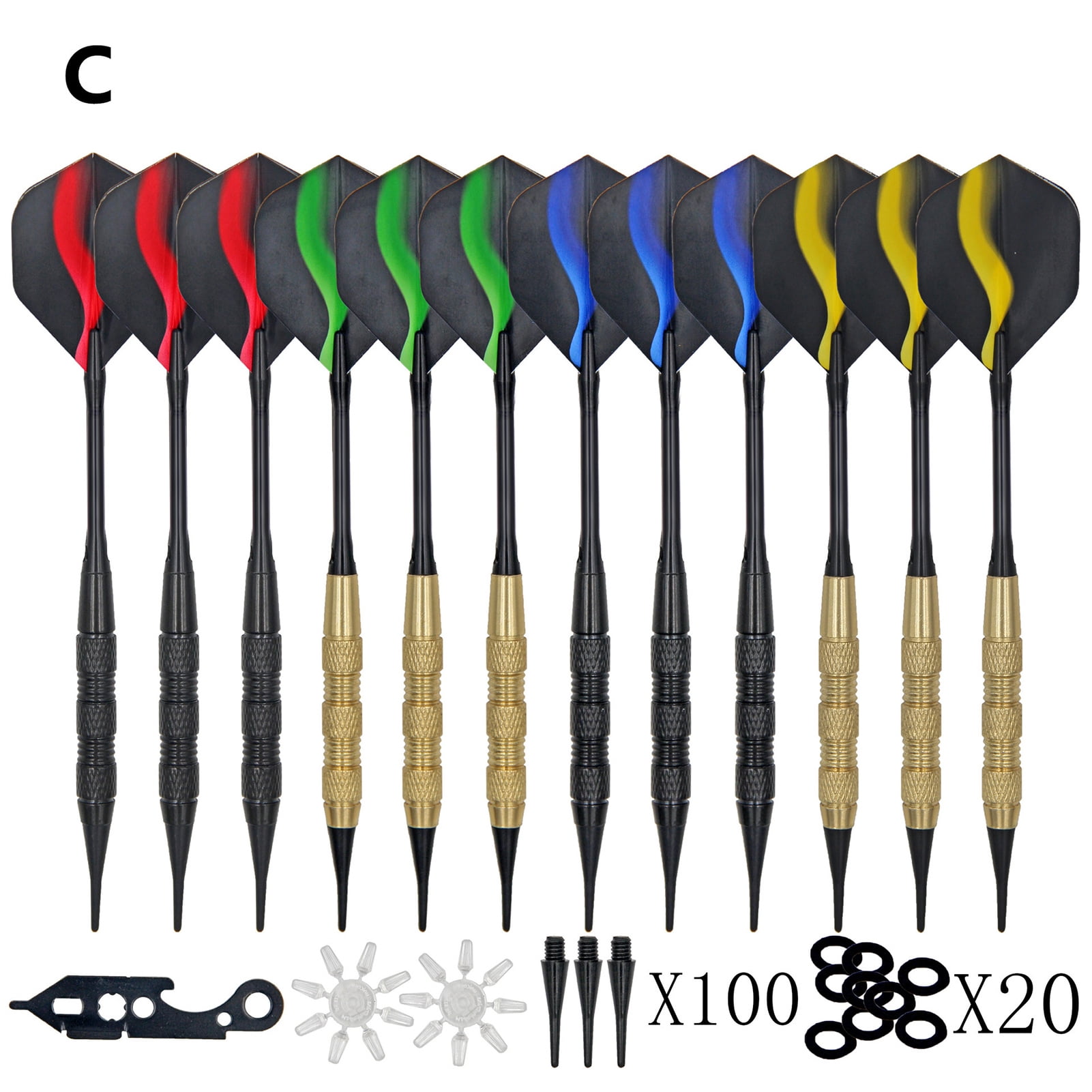 15 pcs Soft Tips Darts with 30 Removable Flights & 100x Black Replacement Tips 