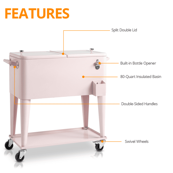 Alvantor 80 QT Patio Rolling Cooler Cart with Shelf, Bottle Opener and Lockable Wheels, Pink