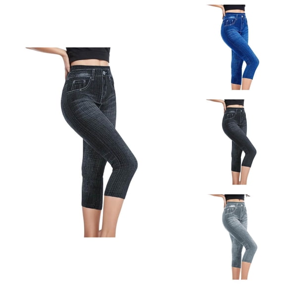 Capri Jeggings for Women Summer Casual Elastic High Waist Stretchy Denim Leggings Cropped Jean Pants with Pockets