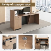 71 L-Shaped Reception Desk with Counter — Front Desk Reception Counter with Lockable Drawer, Storage Cabinet & Cable Grommet for Office, Lobby, Checkout (Walnut & Stone Gray)