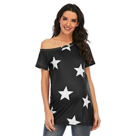 

Pregnant Women Summer Short Sleeve Fashion Versatile Star Print Off Shoulder T-shirt Casual Loose Top for Maternity Women