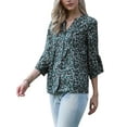 thumbnail image 4 of INSPIRAR CHIC Blusas de Manga 3/4 para Mujeres, Cuello en V, Flores, Mangas con Volantes, Elegantes y Casuales, Túnicas de Verano, Camisetas S, Negro, 4 of 6