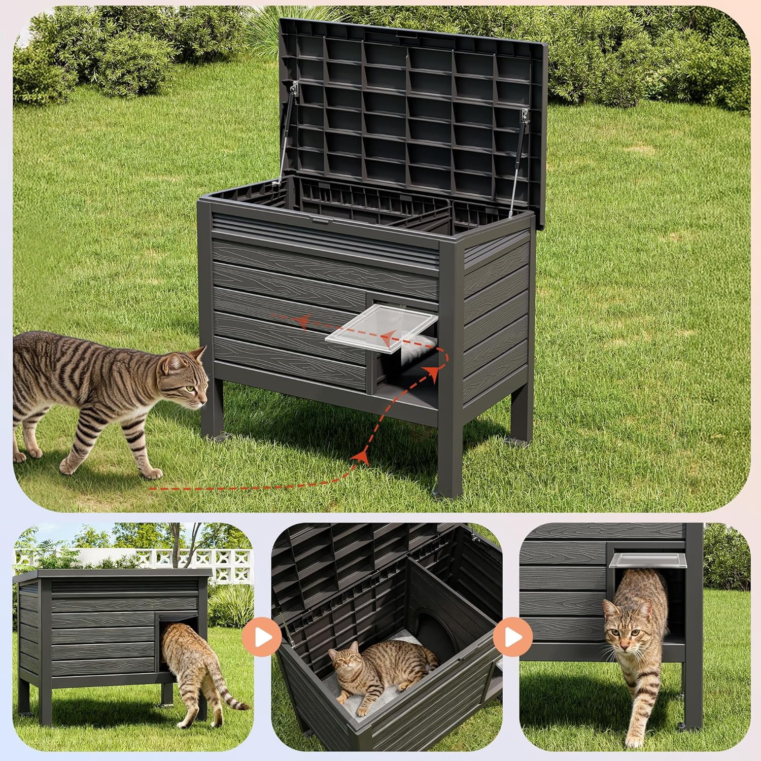 ZUCONKITCH Indoor/Outdoor Elevated Cat House, Weather-Resistant Pet Shelter with Flat Top Resting Platform, Enclosed Cat Retreat for Feral & Household Cats