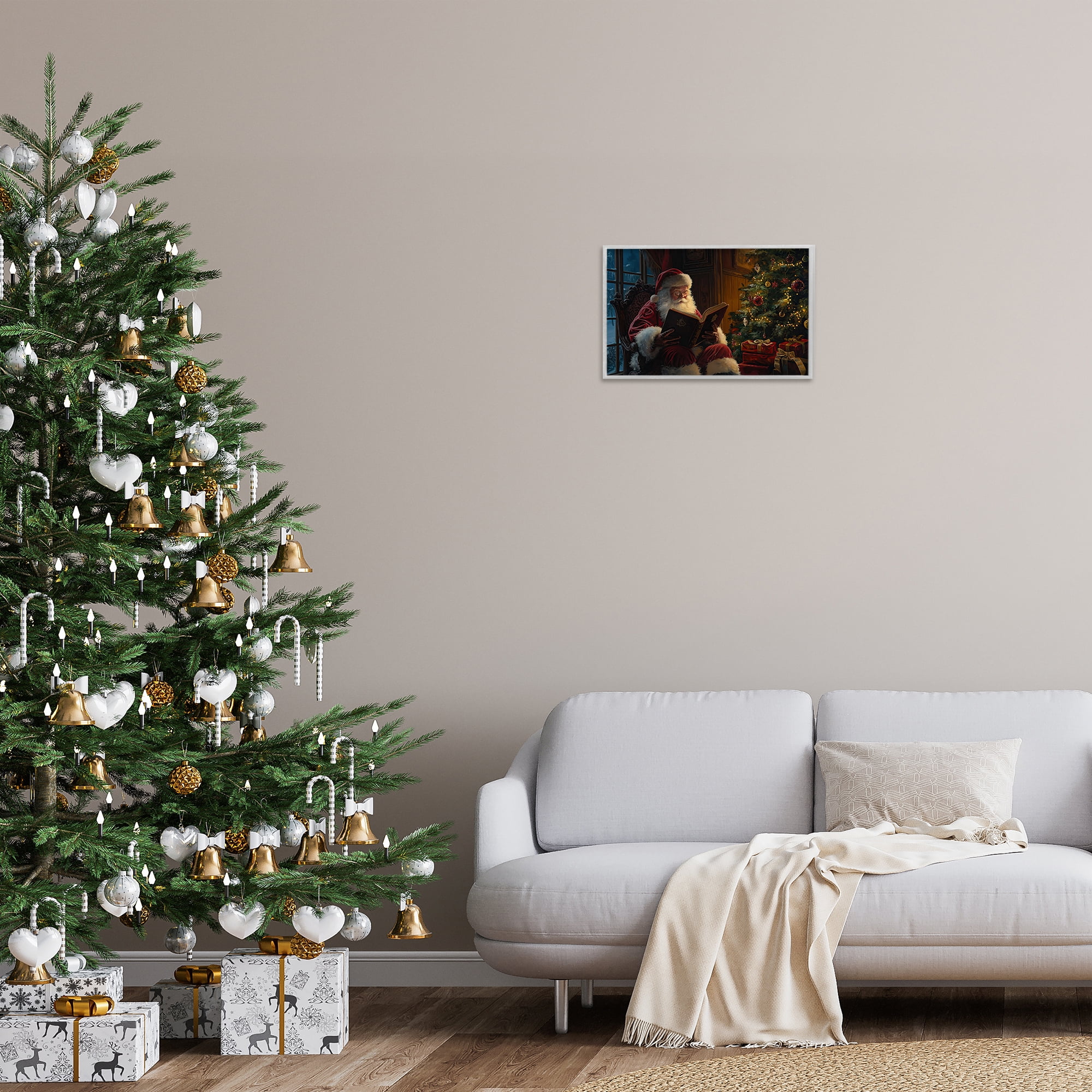 Stupell Industries Santa Reading by Tree Holiday Painting Gray Framed Art Prints Wall Art, 18 x 12