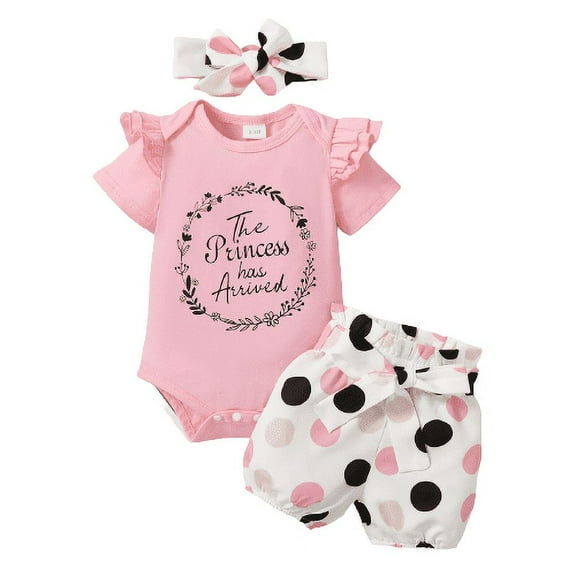Mikrdoo Baby Girls Outfits Princess Ruffle Sleeve Romper Wave Point Shorts Headband 3Pcs Summer Clothes Set Pink 6-9 Months