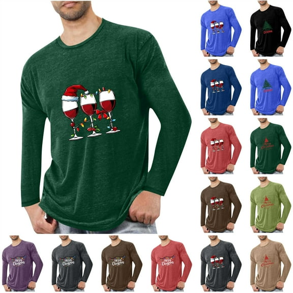 QIUOMBBP T Shirts for Man Christmas Big and Tall Long Sleeve Tops Casual Crewneck Muscle Fit Pullover Xmas Gifts, Army Green, XL